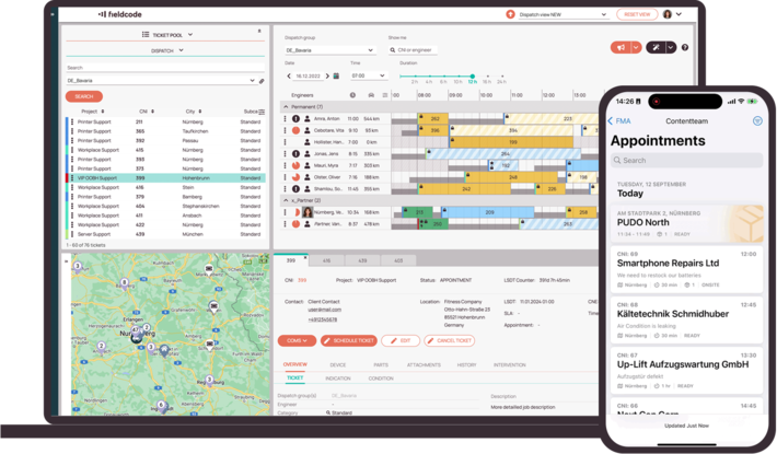 Laptop and mobile phone screen of Service software, displaying the technicians' schedule and location on the map