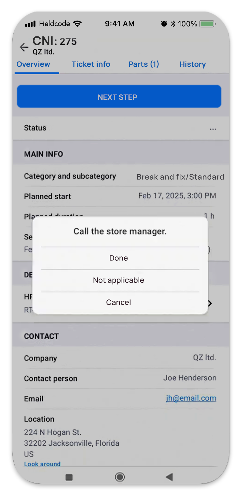 Mobile workflow pop-up guiding technician through required next step in the Fieldcode app