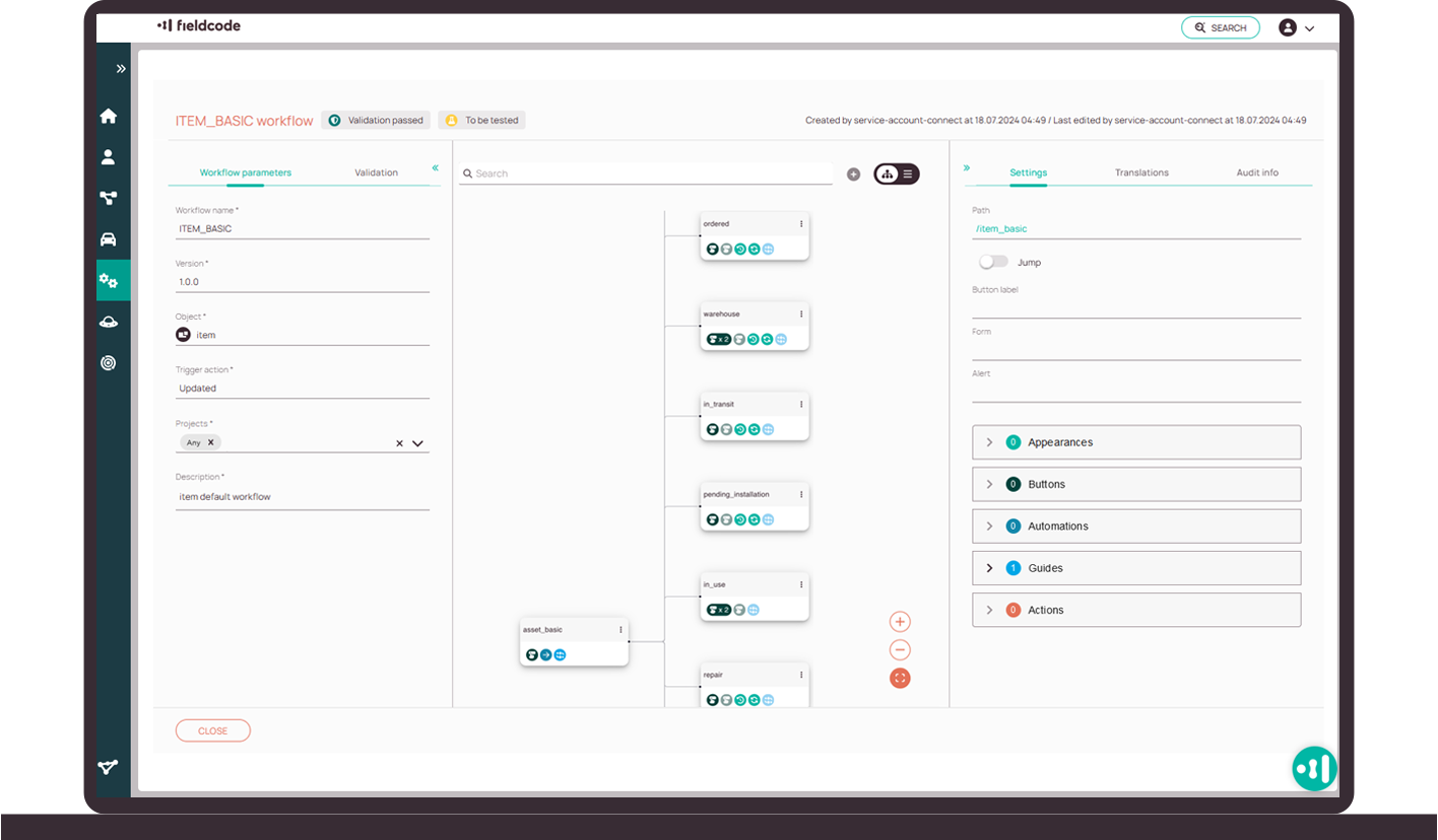 Fieldcode workflow designer interface for customizing technician processes without coding